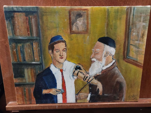 Original Oil Painting by Bob Jeter - Tefillin Lesson
